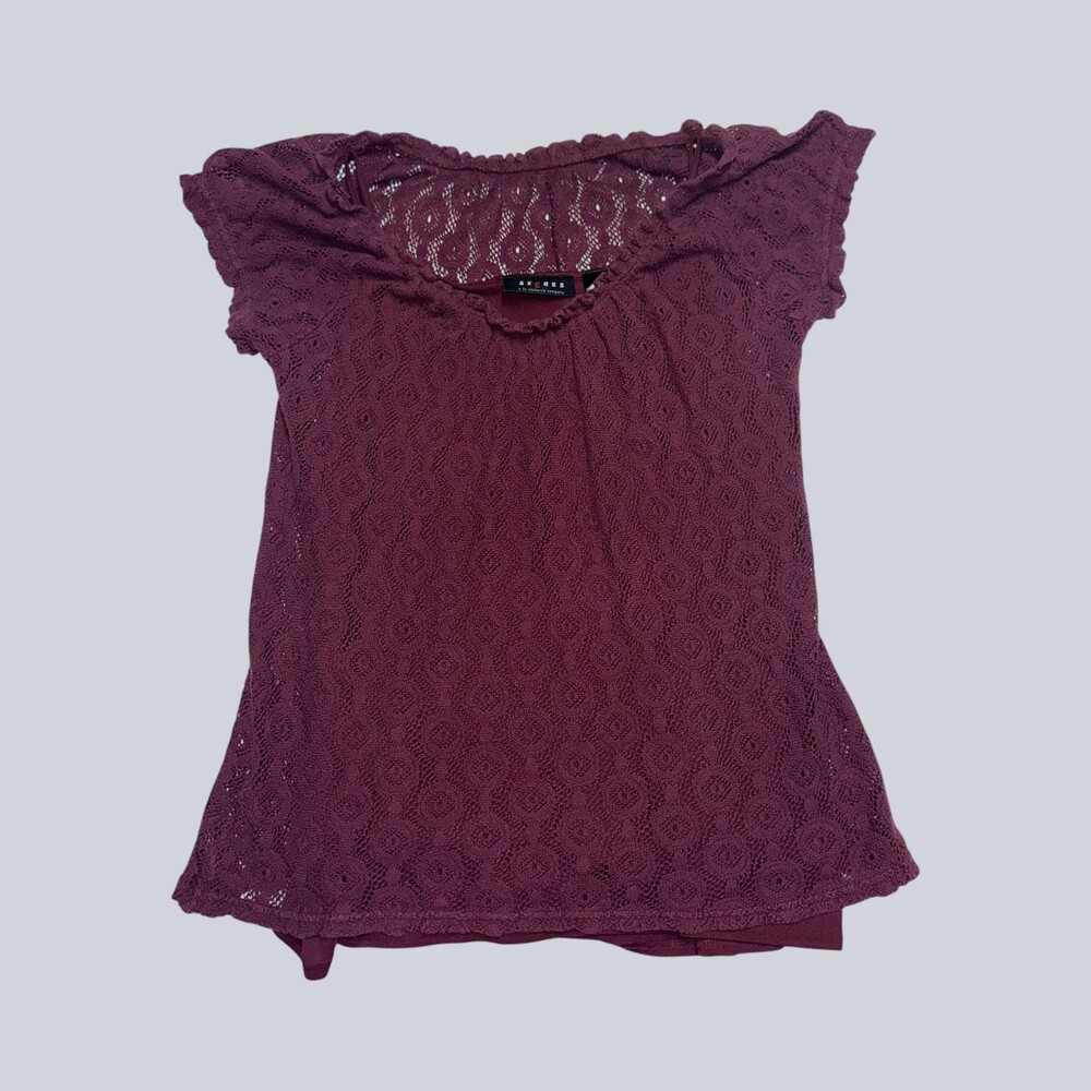 Axcess Liz Claiborne Women’s Large Burgundy Lace Overlay Short Sleeve Top